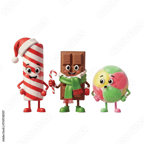 Festive candy characters bring smiles and holiday cheer, ideal for seasonal campaigns, children's content, and sweet promotions, spreading joy and warmth
