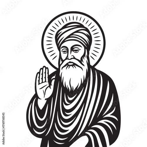 Guru Nanak Dev Ji black silhouette vector, with raised blessing hand and radiant halo, traditional Sikh spiritual art illustration