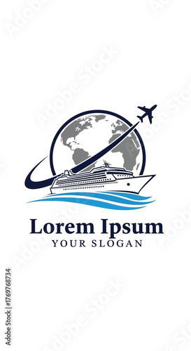 Global travel agency logo with airplane and cruise ship.