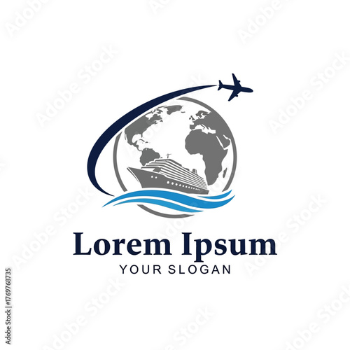 Global Travel and Tourism Logo with Earth Airplane and Cruise Ship.