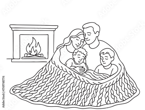 line sketch family with children relaxing in knitted blanket near fireplace
