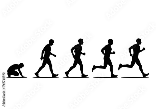 Human evolution from crouching to running silhouette sequence.