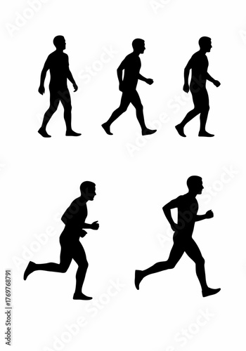 Man walking and running motion sequence silhouette collection.