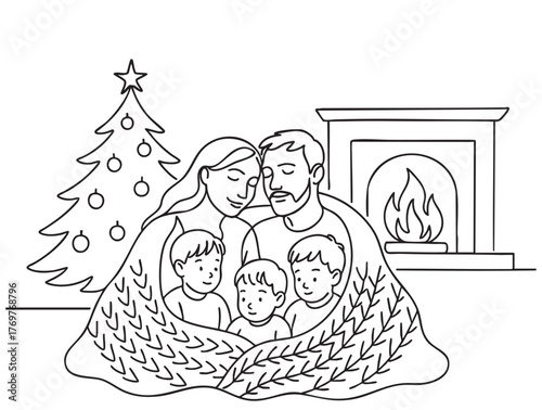 line sketch relaxing love couple with children in knitted doodles blanket near fireplace