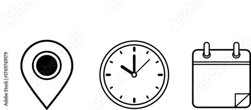Essential vector line art icons for planning and scheduling, featuring a location pin, a clock, and a calendar representing time, date, and place information for events, meetings, or business details