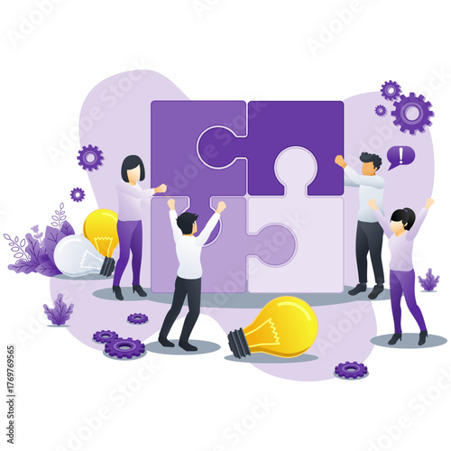 This illustration depicts a team working together to solve problems by piecing together puzzle pieces, symbolizing collaboration and collective effort in achieving solutions.