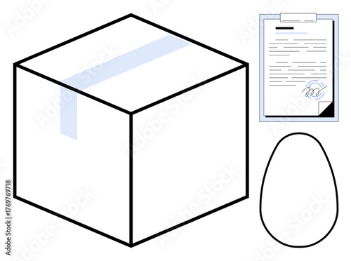 Large box with tape closure, clipboard holding a signed document, and an oval shape outline. Ideal for shipping, delivery, logistics, agreements, contracts, e-commerce packaging simple flat