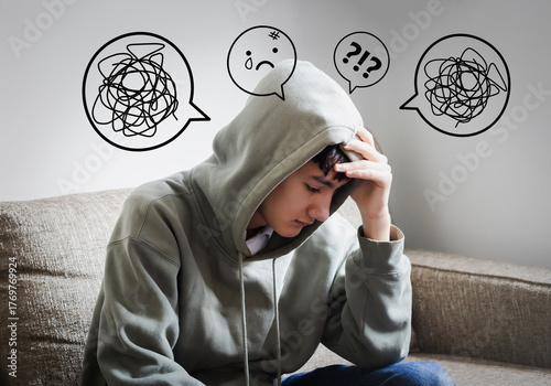 Teenager issue, Confused messed up thoughts bubble line art icon set. Sad depressed mental state before therapy, brain overthinking in teenager concept.	
