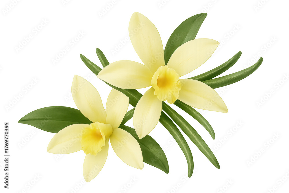 Fototapeta premium Vanilla orchid flowers blooming with green leaves, fragrant natural spice ingredient, transparent background