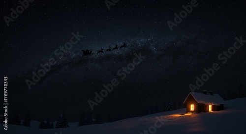 Santa's sleigh pulled by reindeer soars across a vast dark starry night sky above a snow-covered cabin with glowing windows, evoking a magical Christmas holiday scene.