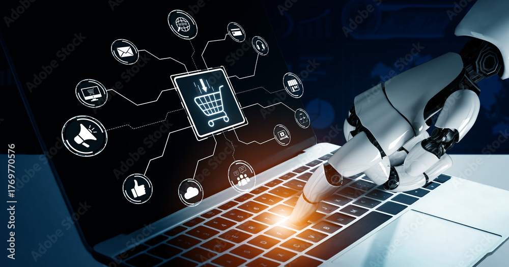 Naklejka premium AI enhances omni-channel marketing with virtual assistants, cross-platform integration, and smart customer engagement tools. Artificial intelligence spline