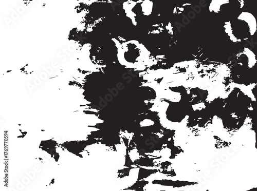 Bold abstract design featuring contrasting black and white elements with circular shapes and dynamic textures creating visual interest