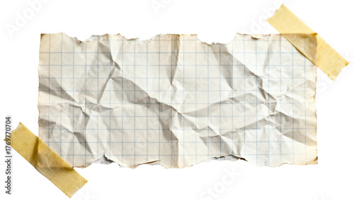 Vintage crumpled grid paper texture with torn edges and tape, isolated on transparent background