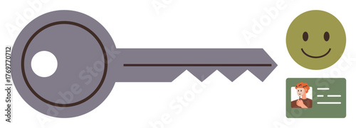 Large gray key, green happy face, and ID badge with photo symbolize authentication, identity, and secure access. Ideal for security, technology, privacy, passwords user data trust simple flat