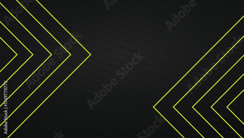 Dark Black And Grey Abstract Technology Background Design With Neon Green Glowing Chevron Arrows And Textured Stripes