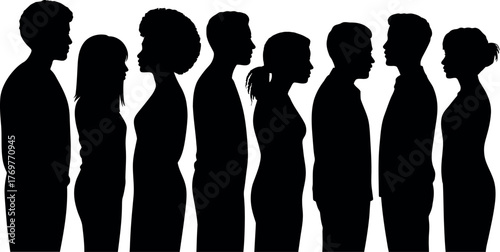 Diverse group of people silhouette standing in a row portrait