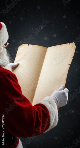 A person in a classic red Santa suit, with a white beard and glasses, holds an aged, blank scroll against a dark, softly lit background with falling snow.
