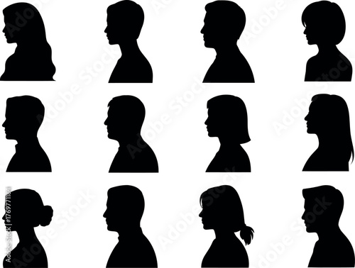 Diverse Silhouettes of People Profiles Set Against White Background Portrait