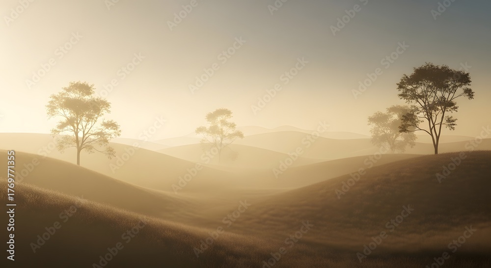 Obraz premium Golden hour mist over rolling hills with scattered trees