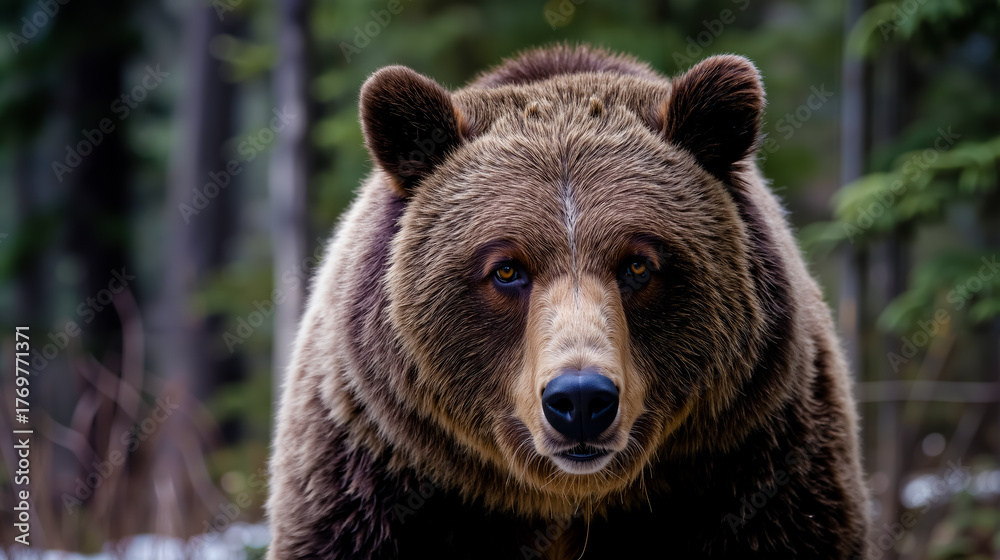 Fototapeta premium A close-up of a brown bear's face in a forest setting