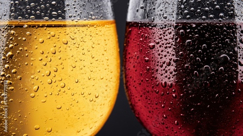 Two glasses filled with yellow and red beverages display droplets on the surface, indicating a refreshing moment during a social event