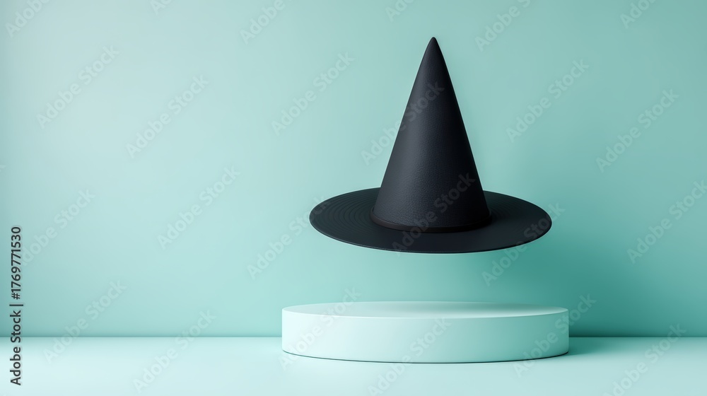 Fototapeta premium A minimalist black witch hat floating above a light turquoise platform against a soft turquoise background.