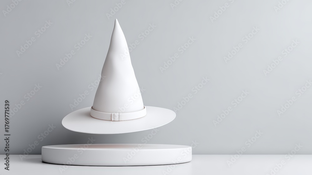 Fototapeta premium A minimalistic white witch hat levitates above a circular base, set against a neutral gray background, creating a whimsical yet modern aesthetic.