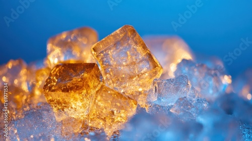 Glittering ice cubes sit atop a bed of crushed ice, illuminated by an ambient blue light in a serene environment