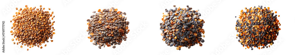 Obraz premium Four piles of mixed spices and herbs isolated on transparent background