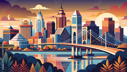 Very beautiful Louisville vector travel poster in cinematic minimal landscape art style, featuring the skyline along the Ohio River, modern bridges, and warm sunset tones reflecting the city’s cultura
