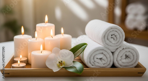 Serene spa ambiance with glowing candles, white orchid, and plush rolled towels creates a tranquil retreat for ultimate relaxation and self-care.
