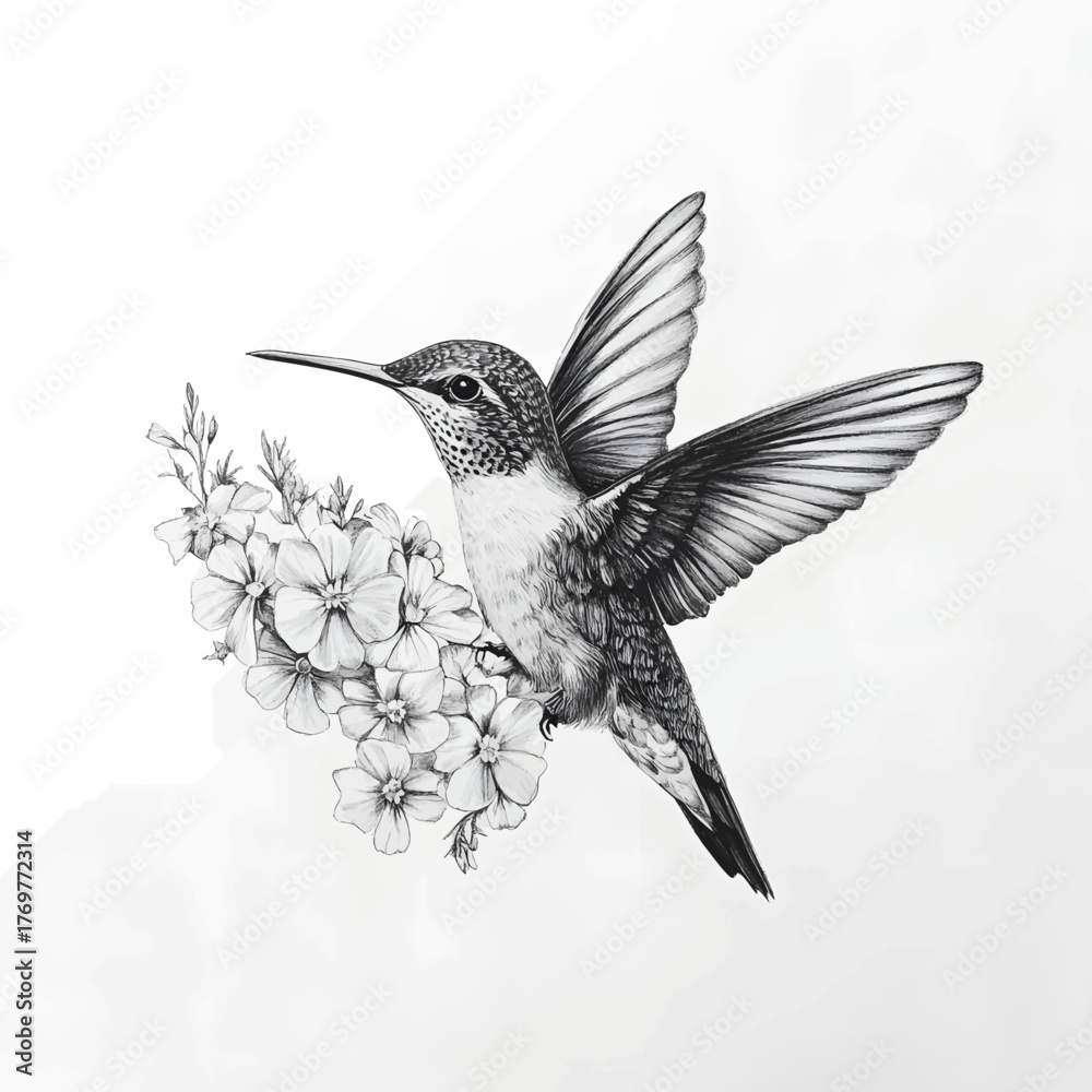 Fototapeta premium A black and white illustration of a hummingbird hovering above a branch of flowers. The composition symbolizes life, grace, and a moment frozen in time.