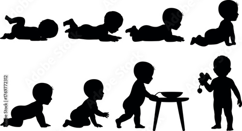 Infant development stages depicted in silhouette on white background learning process