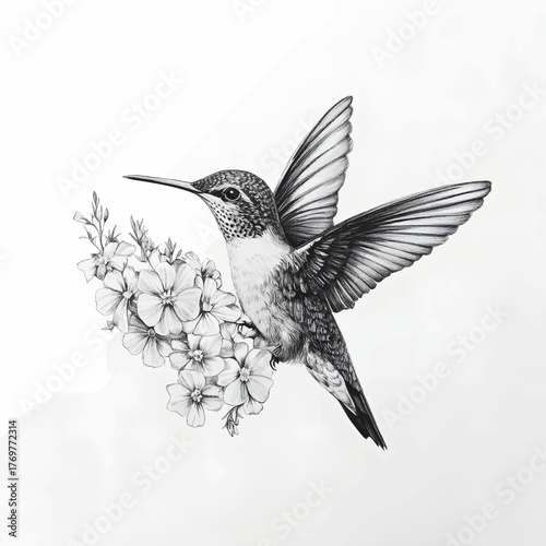 A black and white illustration of a hummingbird hovering above a branch of flowers. The composition symbolizes life, grace, and a moment frozen in time.
