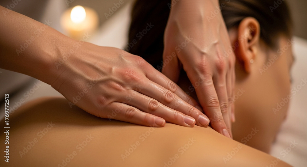 Fototapeta premium Professional masseuse applying soothing strokes to a client's shoulders, promoting deep relaxation and stress relief in a serene spa setting.