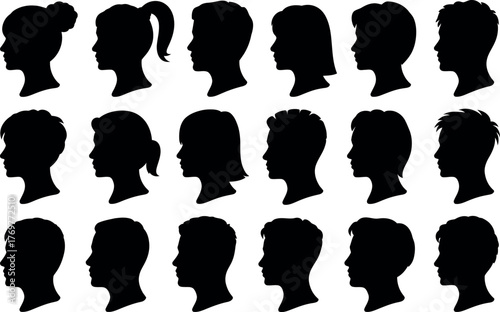 Silhouette Head Profiles of Diverse People Crowd of Portraits Vector Illustration