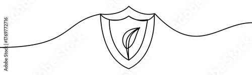 Shield with a leaf on it, continouos line design, isolated on transparent background, vector illustration