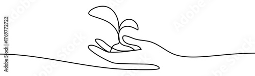 Human Hand holding a Plant Sprout, continouos line design, isolated on transparent background, vector illustration