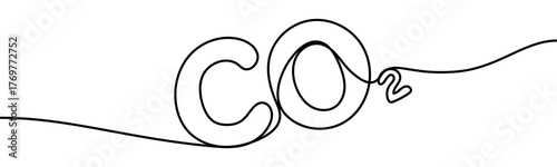 Word CO2, minimalist ecological and environmental concept symbol, continuous line design, isolated on transparent background, vector illustration