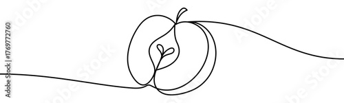 Half Apple, minimalist ecological and environmental concept symbol, continuous line design, isolated on transparent background, vector illustration