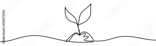 Plant Sprout growing from the Ground, continuous line design, isolated on transparent background, vector illustration