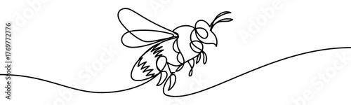 Bee sign, minimalist ecological and environmental concept symbol, continuous line design, isolated on transparent background, vector illustration