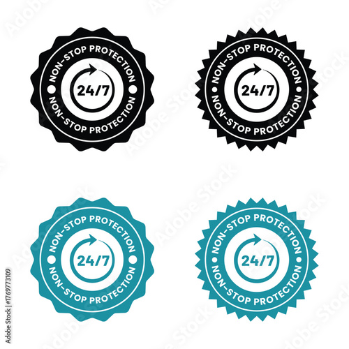 Non stop protection label or Non stop protection seal vector isolated. Non stop protection seal for websites, Non stop protection sign, logo, badge, icon, sticker, label, emblem, stamp, symbol. 