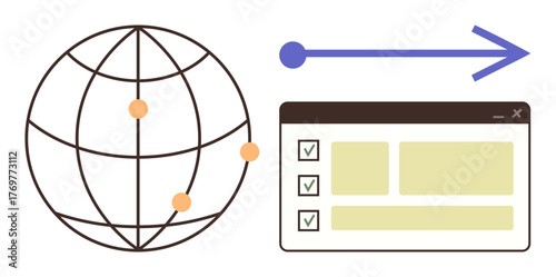 Globe with connection points, arrow indicating movement toward browser window with checklist. Ideal for data exchange, global communication, workflow, logistics, web development, organization