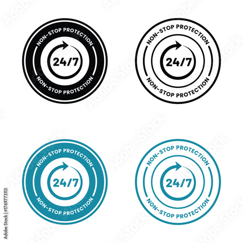 Non stop protection label or Non stop protection seal vector isolated. Non stop protection seal for websites, Non stop protection sign, logo, badge, icon, sticker, label, emblem, stamp, symbol. 