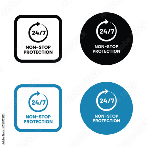 Non stop protection label or Non stop protection seal vector isolated. Non stop protection seal for websites, Non stop protection sign, logo, badge, icon, sticker, label, emblem, stamp, symbol. 