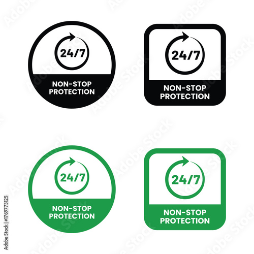 Non stop protection label or Non stop protection seal vector isolated. Non stop protection seal for websites, Non stop protection sign, logo, badge, icon, sticker, label, emblem, stamp, symbol. 