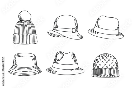 Collection of six different hats and beanies, handdrawn sketch style, vector illustration