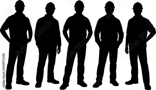 Silhouette of construction workers team wearing hard hats isolated on white