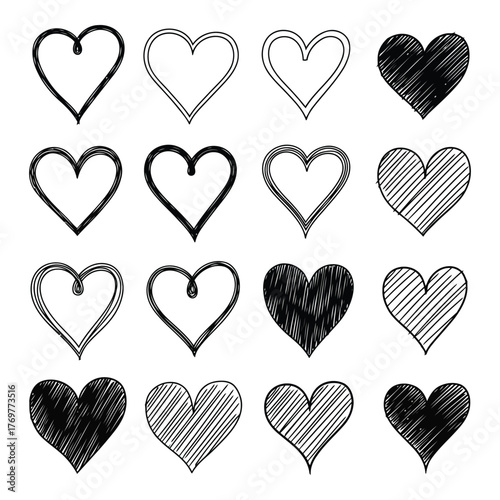 Heart doodle set love symbol sketch abstract emotion pattern design vector
